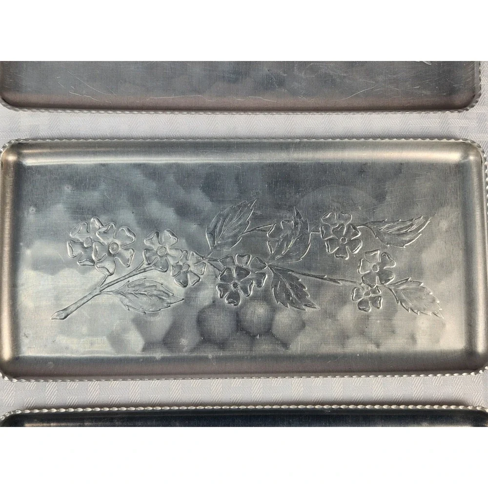 Aluminum Hand-wrought Trays VTG Embossed Floral Design Dogwood Flowers  1950s